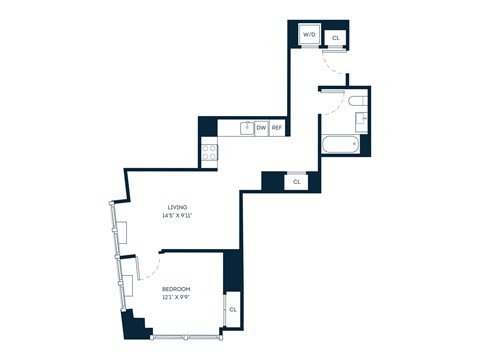 Floor plan for 1 bed, 1 bath, 609 sqft